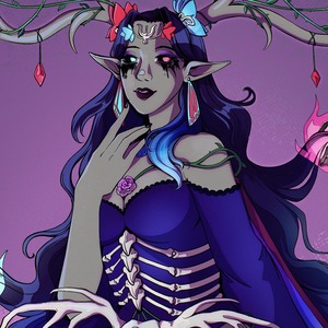 A grey-skinned woman with a skeletal dress and large elegant antlers adorned with vines and bright pink gems. Two skeletal hands play with her hair.
