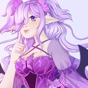A cute girl with pointy ears and bright pink-purple hair, wearing a purple butterfly dress.