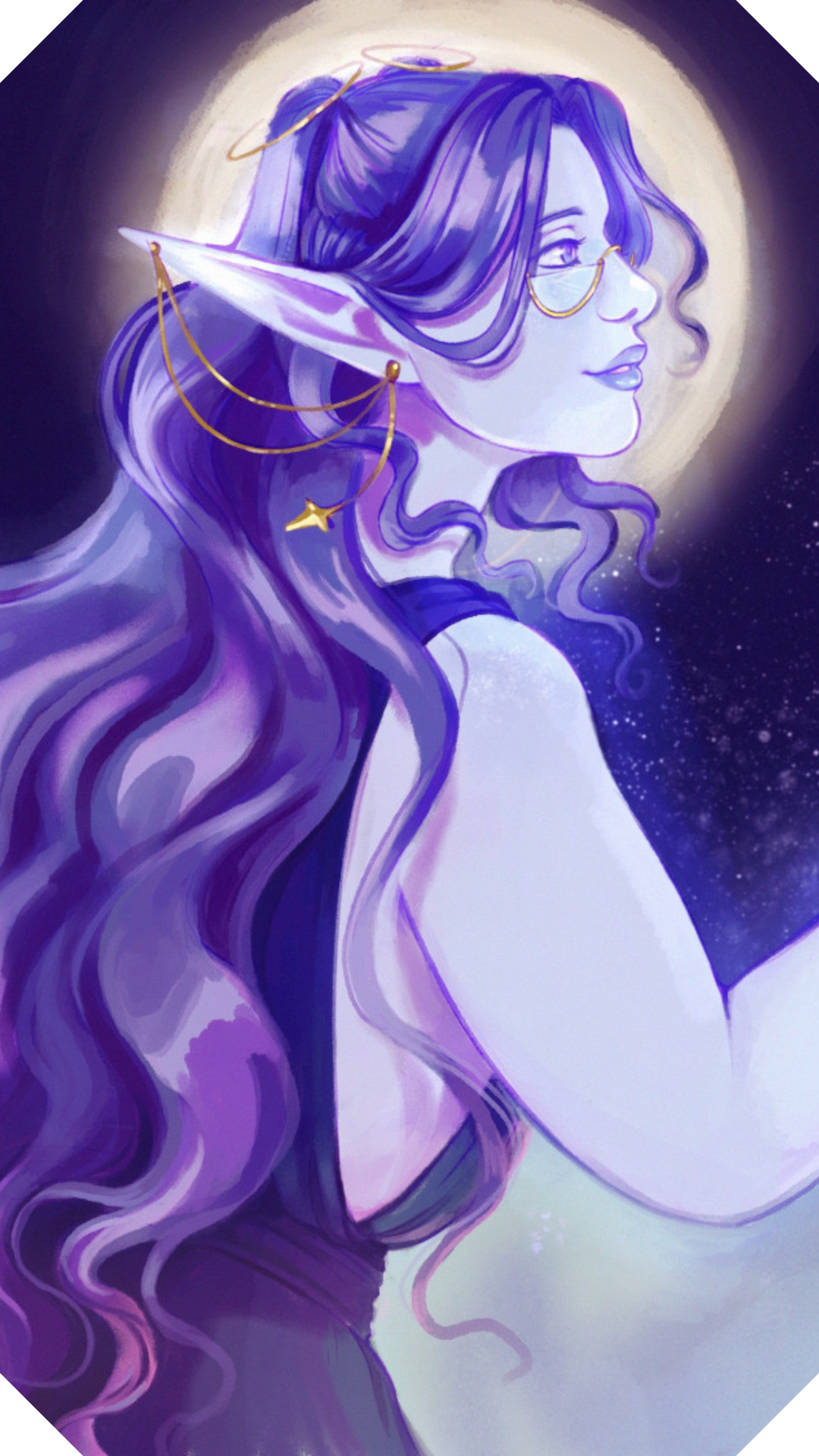 A moon elf with pale blue skin and long curly purple twintails. She reaches out to something offscreen.