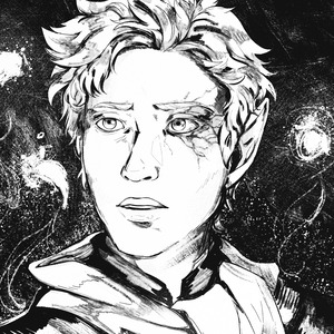Ink drawing of Aylock, a young man with messy hair. He has elven ears and darkened veins around one eye.