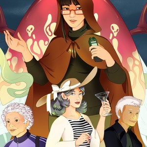 Movie-poster style artwork featuring three older women at the bottom and a younger woman in the middle. The young woman speaks into a portable journalistic voice recorder. From left to right: The first older woman wears a medical bag and wields a flashlight. The second, in the middle, smiles while holding a cocktail in one hand. The third wears a leather jacket and rides a bicycle.