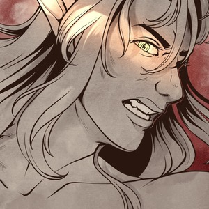 A masculine individual with bright yellow eyes and long hair snarls ferally. He has a vampiric bite on his shoulder.