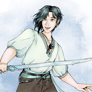 A young sailor with a charming smile stands in a swordfighting stance, holding a blade made of water out in front of him.