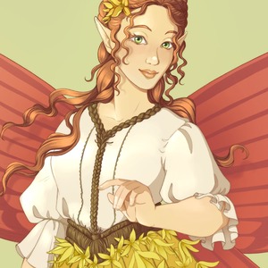 A beautiful fairy hovers in the air, pink butterfly wings spread out behind her. She has Renaissance-style curly red hair, and wears a skirt made of forsythia flowers.
