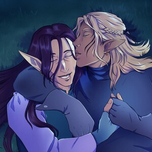 Digital painting of an elven individual with light brown skin and dark auburn hair (Athima) snuggled up to, and holding hands with, their partner Zevran, a brown-skinned elven man with pale blond hair. Zevran’s arm is wrapped around Athima as he kisses their cheek.