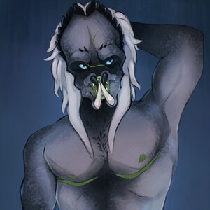 Digital painting of a trans yautja man standing sultrily with his hand behind his head. His skin is greyish-blue fading to black, with white hair-strands.