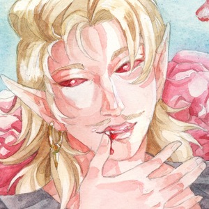 Watercolor painting of Darcy, a roguish elven dhampir, smirking while wiping blood from his fang and lip. Red roses frame him in the background.
