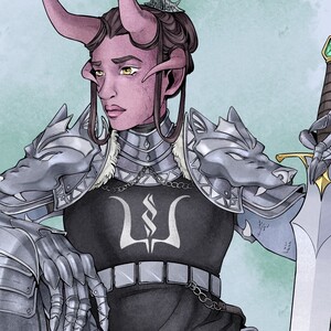 Digital artwork of a purple, four-horned tiefling woman reclining while resting one hand on her greatsword and the other hand across her knee. She wears wolf-themed plate armor and a black tabard.