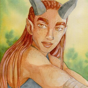 Watercolor portrait of a demon girl with freckles, golden eyes, and dark horns, looking over her shoulder at the viewer.