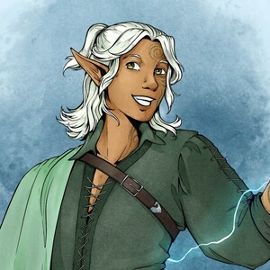 Digital watercolor of a tan-skinned, white-haired elven young man. He hovers in the air, smiling widely as he lifts a hand to summon a streak of lightning in the air. His other hand, hidden under a translucent cloak, has burn scars on it.