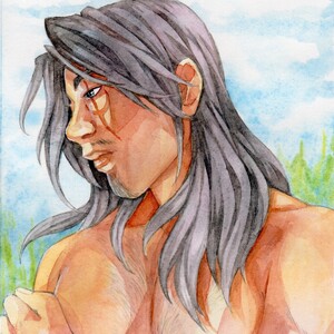 Watercolor portrait of a brooding, dark-haired man gazing into the distance.