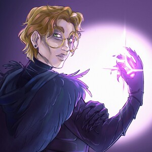 Digital artwork of a pale, tired man with dark armor and a raven-feather cloak. Against a moonlit background, he summons a bright bead of magic.