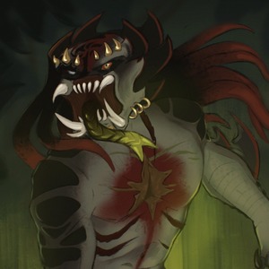 Digital painting of a yautja-crocodile hybrid, leaning forward in a three-point pose with his hand reared back as if to strike. His fangs are bared fiercely in a roar.