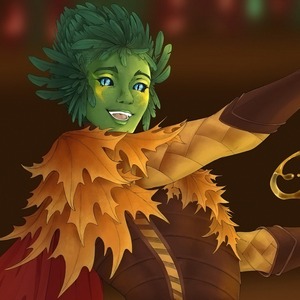 Digital artwork of a young man of serpentine ancestry with green and gold scales, and a crest of dark green feathers. He wears elegant armor with autumnal leaves, and levitates some tavern items between his hands.