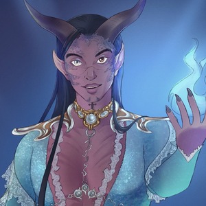 Digital painting of a purple tiefling man with dark horns and long dark hair that falls around his shoulders. He is summoning a blue flame in one hand, while lightning crackles between his fingers in the other. He is wearing the Wavemother’s Robe, a sparkly, revealing number.