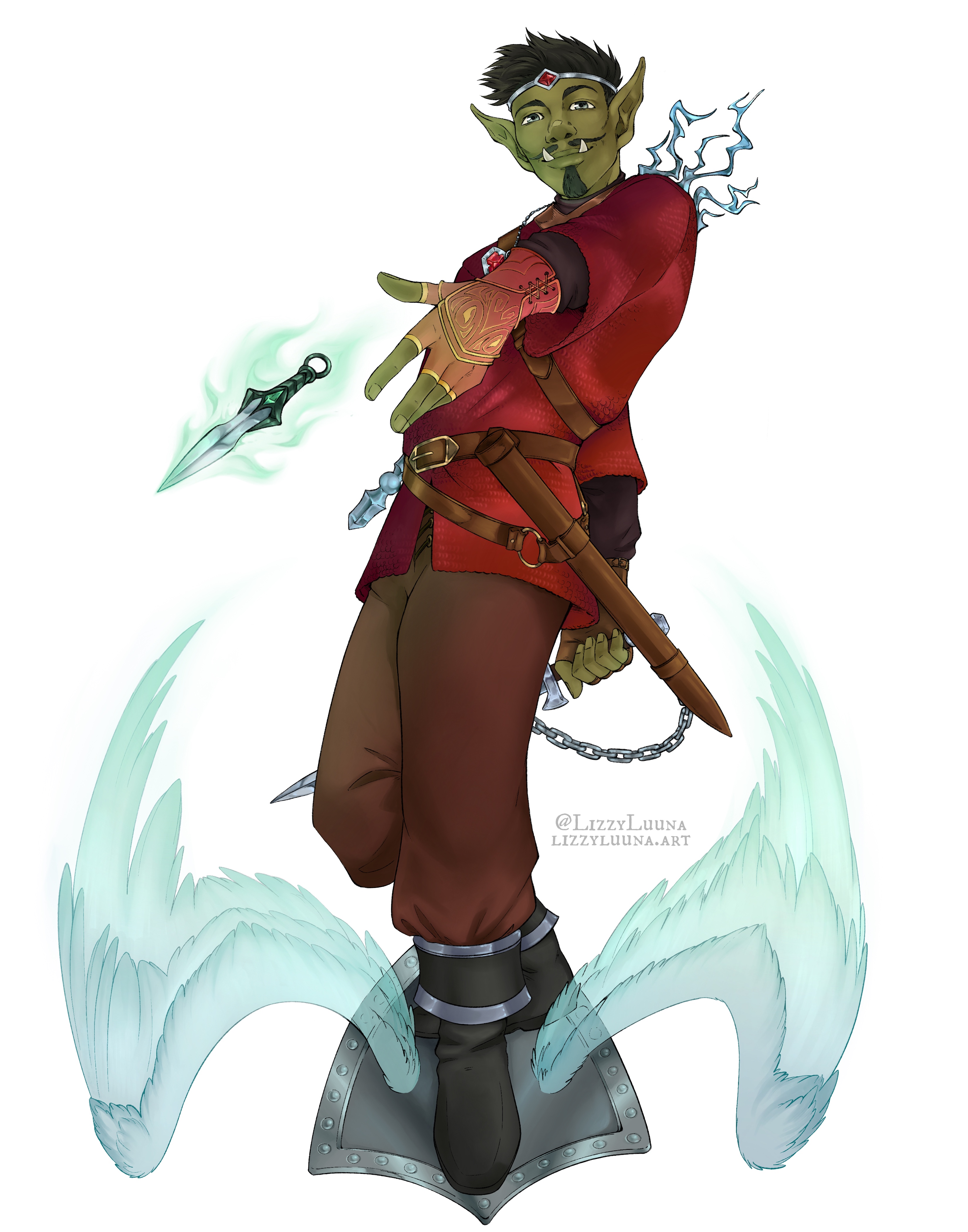 Digital artwork of an orcish rogue throwing a ghostly dagger while surfing on a winged shield.