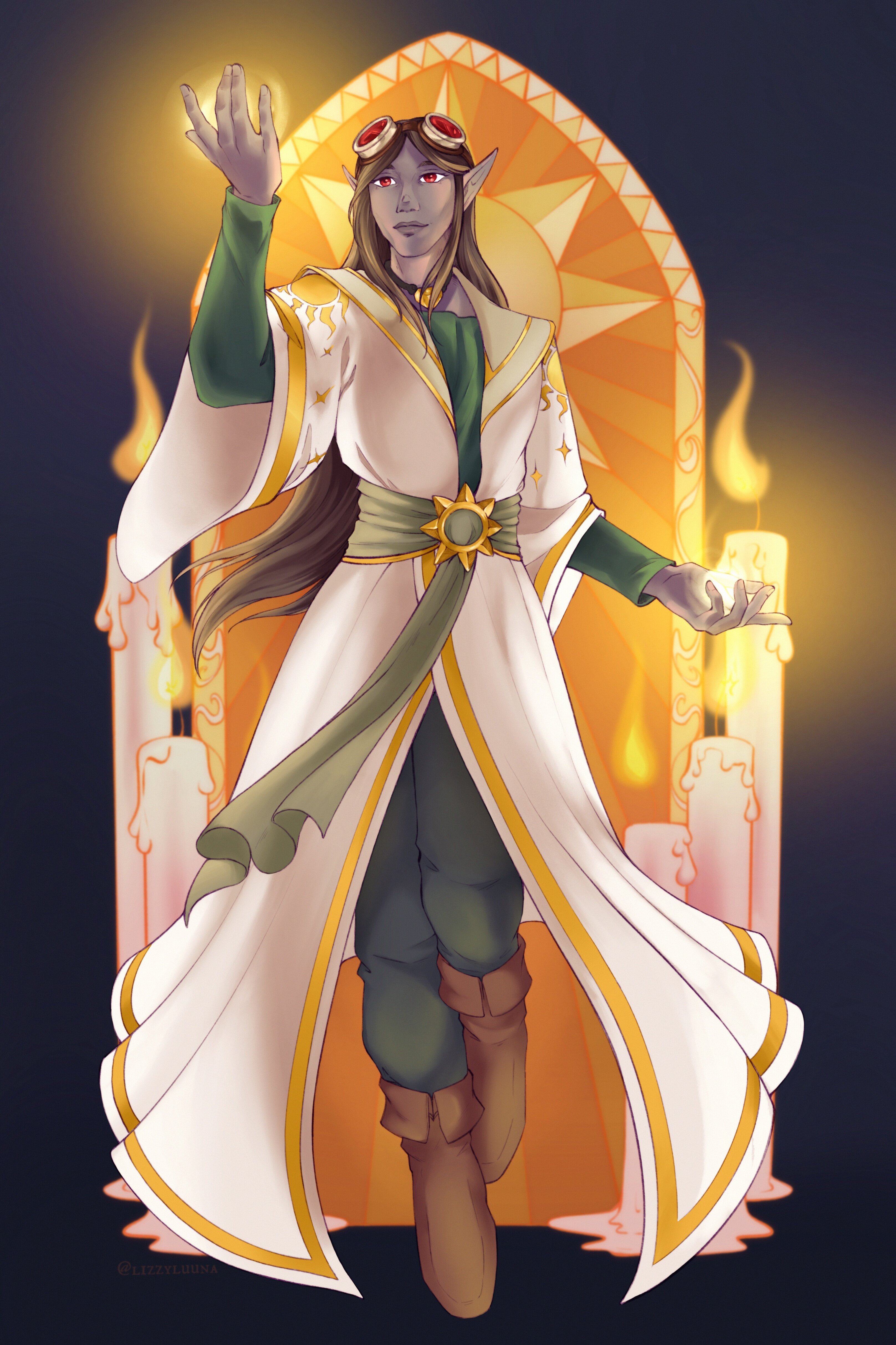 Digital artwork of a dark elf cleric & PNGtuber, Karugi. He floats against a stained glass backdrop of a sun and burning candles, hands outstretched to summon spheres of warm, bright light.