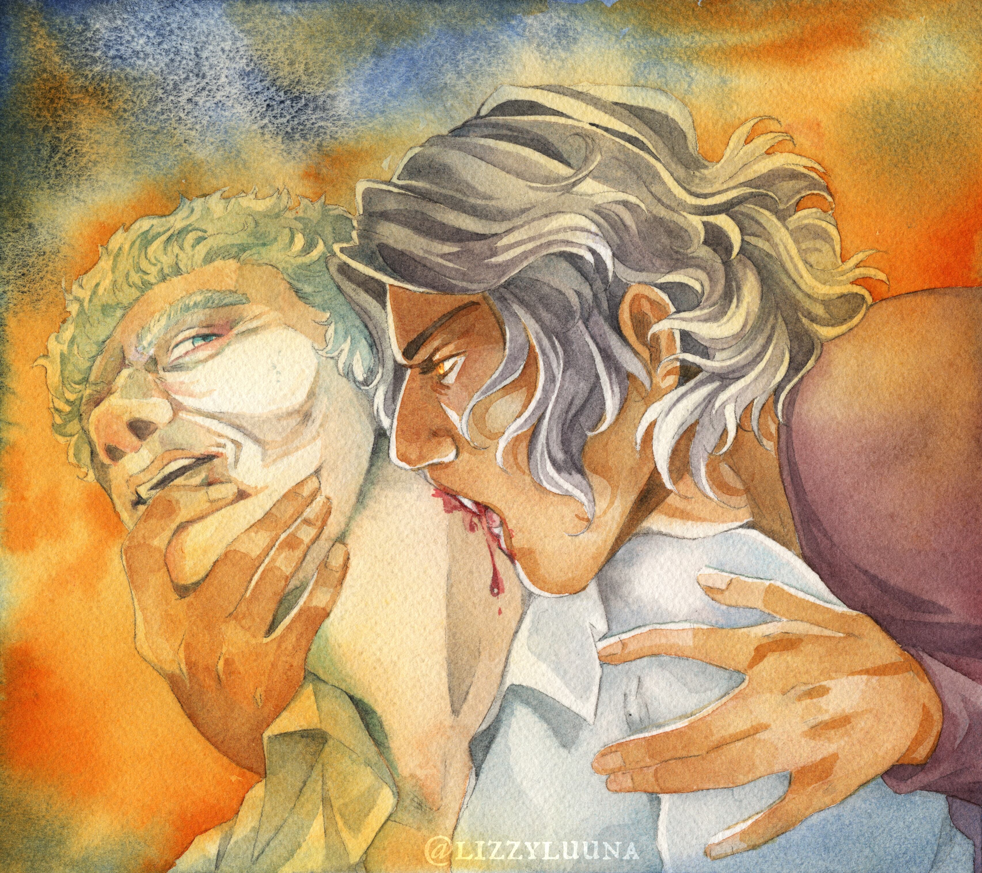 Traditional watercolor painting of Interview With a Vampire’s Daniel and Armand; Armand grasps Daniel’s chin while biting his neck.