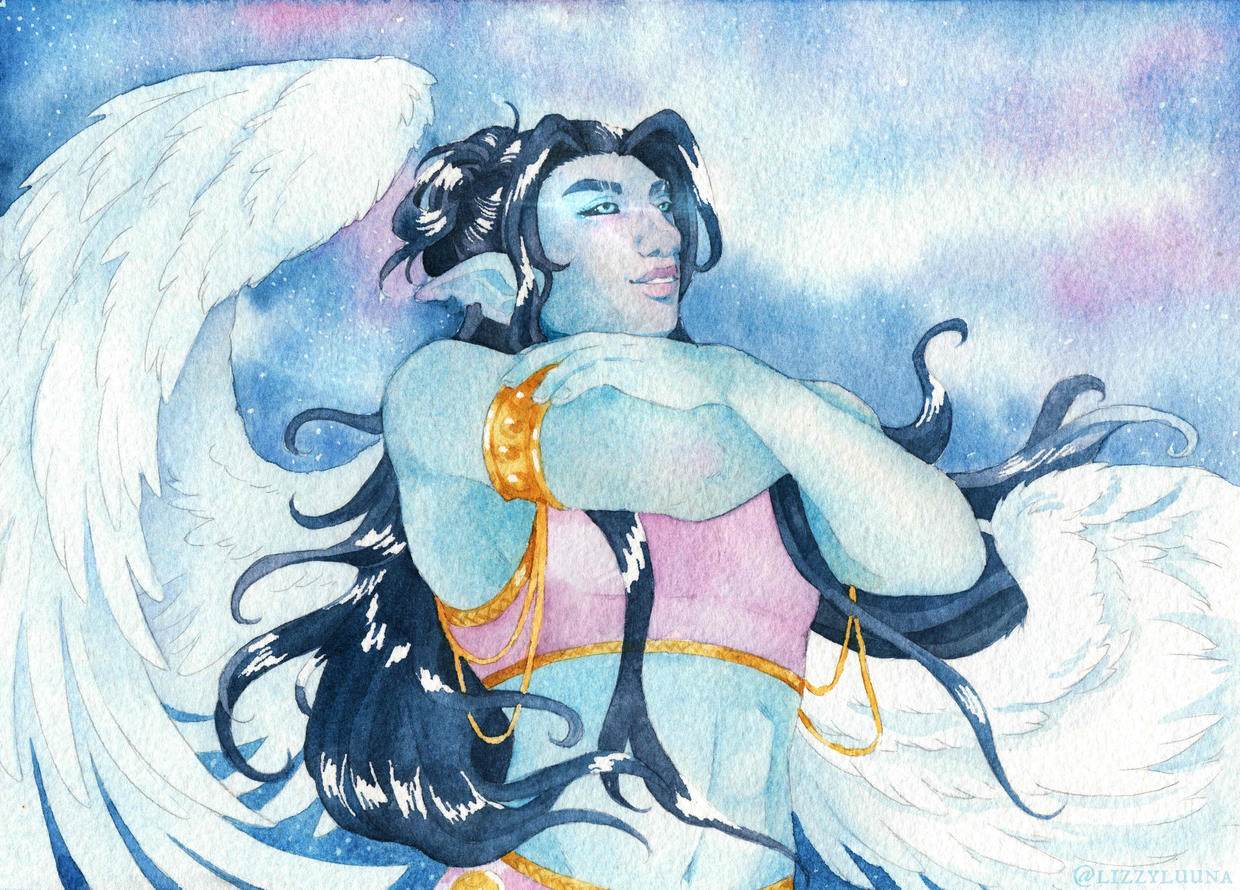 Traditional watercolor painting of Isaiah, an angelic man with light blue skin, long waist-length dark blue hair, and large white wings unfurled behind him. He looks up towards a starry ethereal sky, smiling.