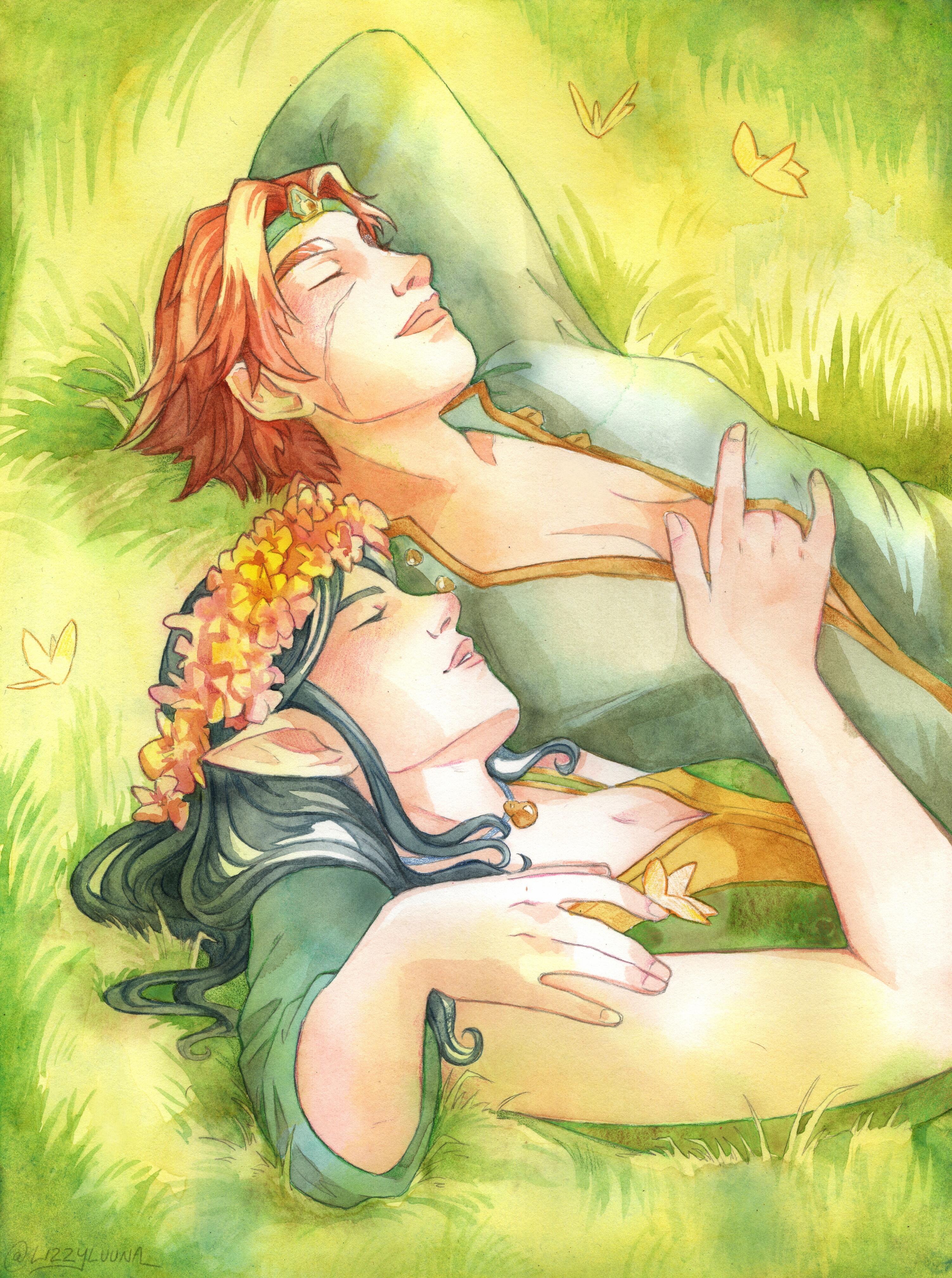 Watercolor painting of two characters, one elven (Tuvelleth) and one human (Salwyn), lying side by side in a field of lush grass. Salwyn’s hand is draped around Tuvelleth’s shoulder, and Tuvelleth rests her hand on Salwyn’s chest.