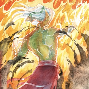 Thumbnail of Tsuma, a sun elf man, summoning magic amongst an inferno.