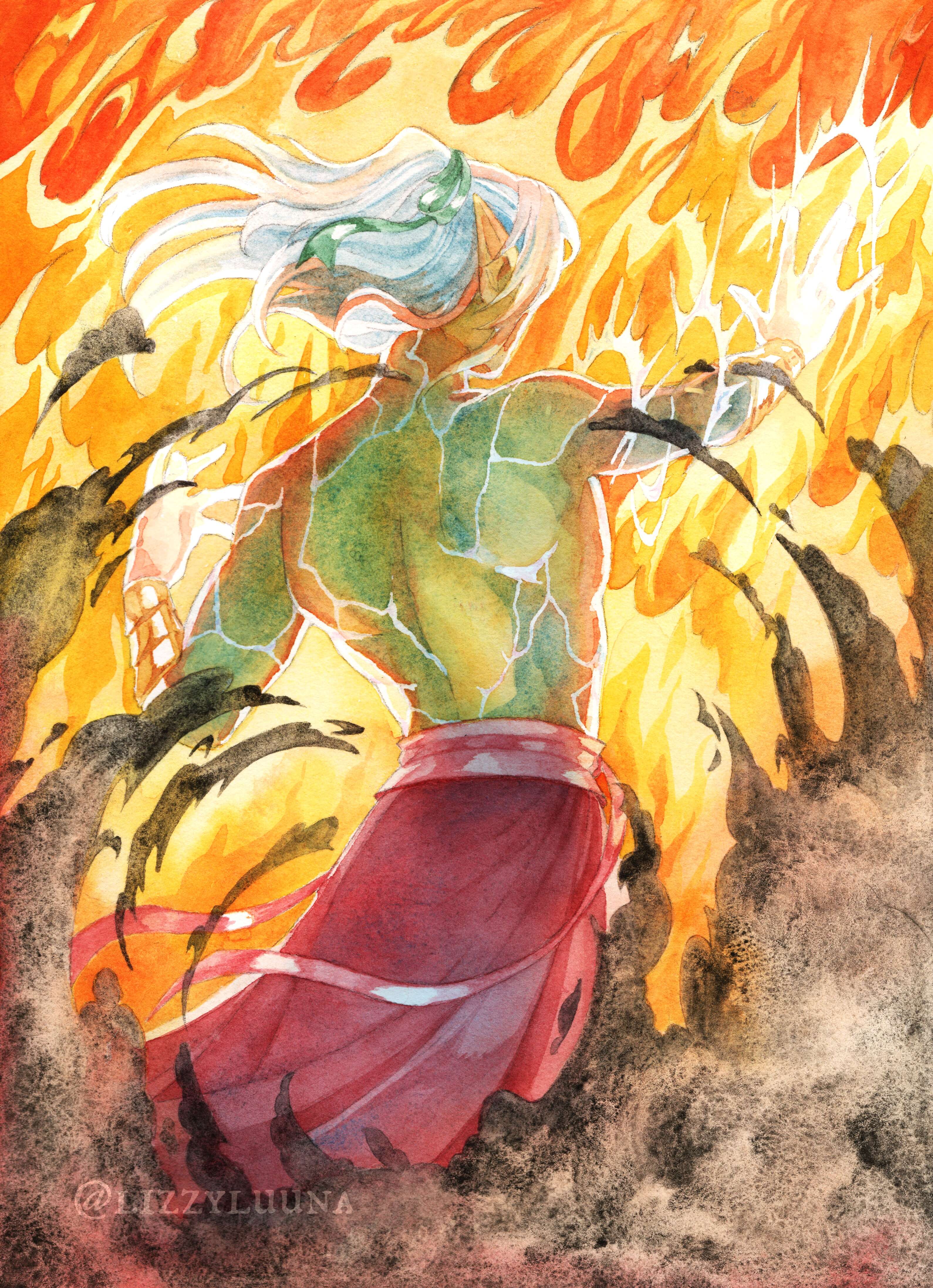 Traditional watercolor painting of Tsuma, a golden-skinned sun elf man, raising his arms to summon a burst of bright white magic. He is framed by curling black smoke amongst a raging inferno.