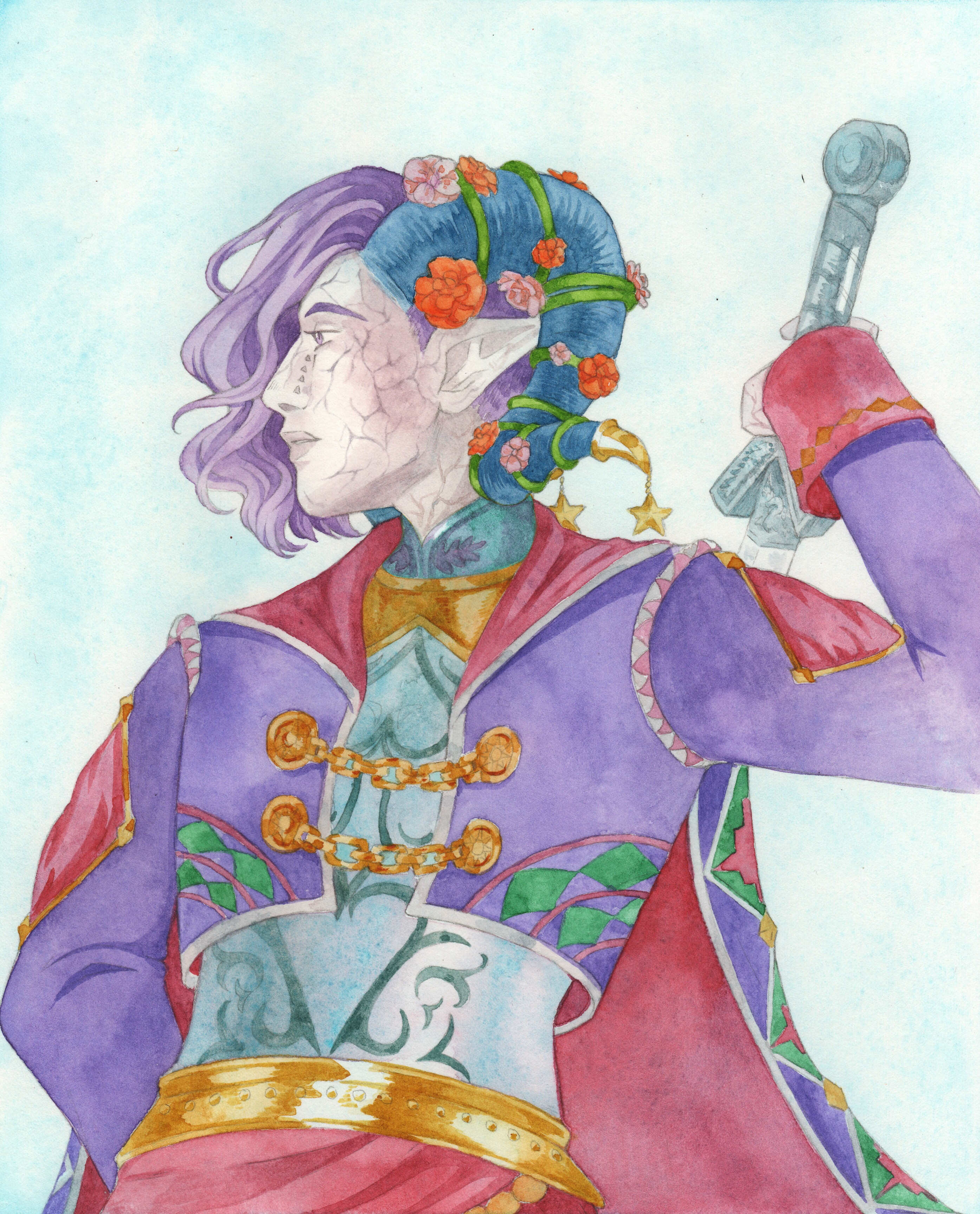 Traditional watercolor painting of a tiefling man with pale marbled skin, wavy purple hair on one side of his face, and deep blue horns wrapped in colorful begonias. He reaches one hand over his shoulder to draw his sword, while looking at something off in the distance.