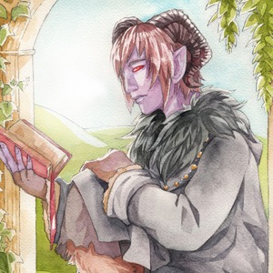 Thumbnail of Stelain, a horned nephilim, reading a book.