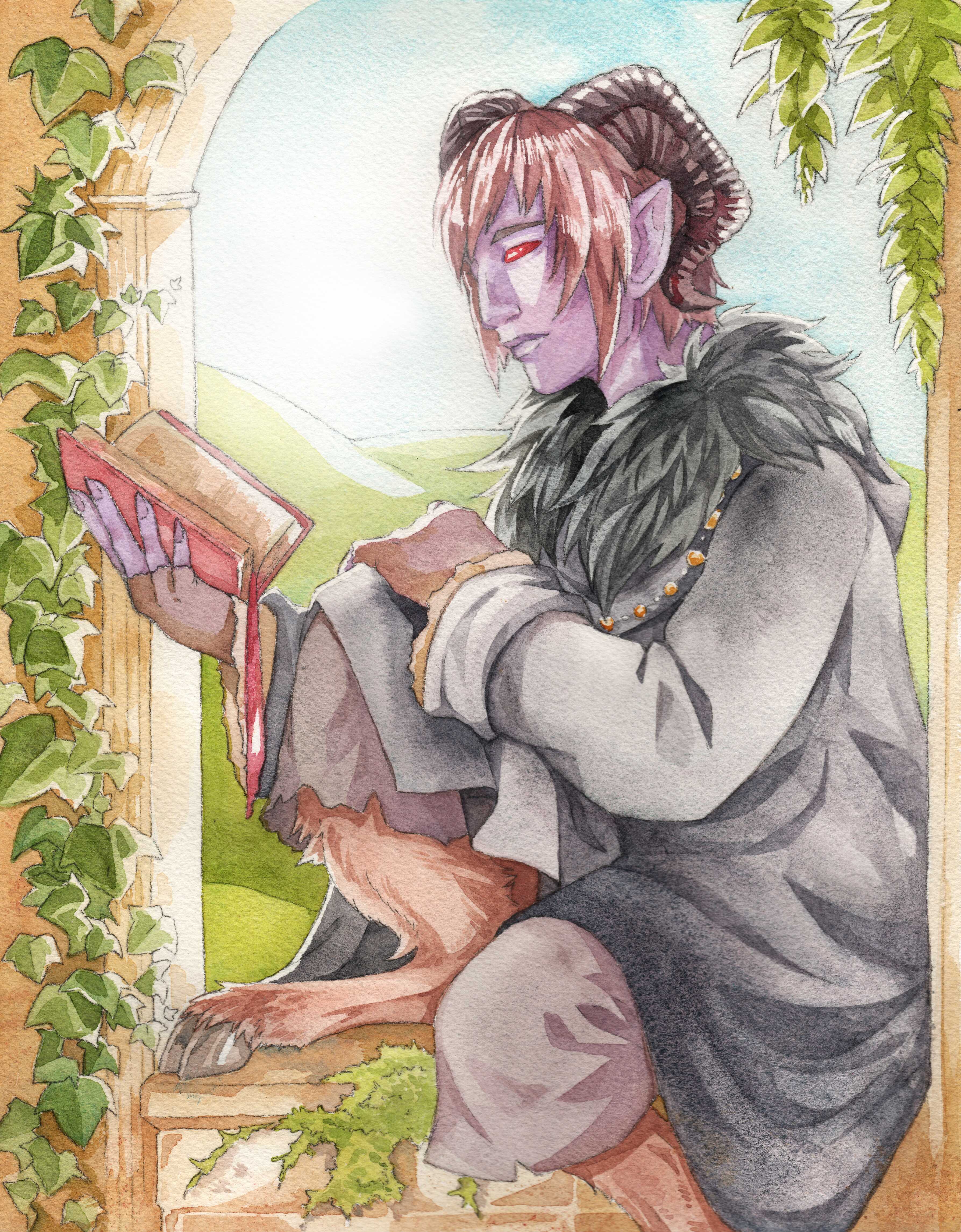 Traditional watercolor painting of a cambion with purple skin, red eyes, and brown-furred goat legs, wearing a set of concealing black robes. She is perched on a mossy ledge framed by the window of some ancient structure, curled up while reading a book. Ivy hangs down around her and green fields are visible through the windowframe.