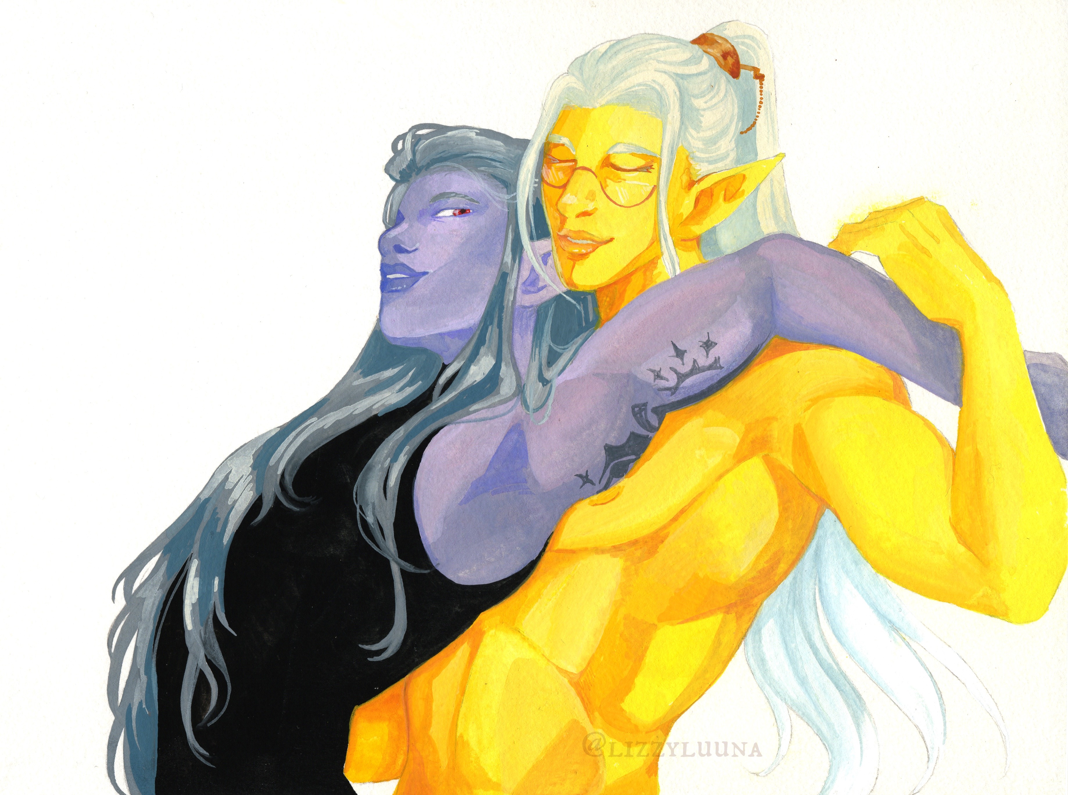 Gouache painting of two elves dancing. Zixa, a purple-skinned drow woman, leans back against Tsuma, a golden-skinned sun elf man. They are both smiling contentedly.