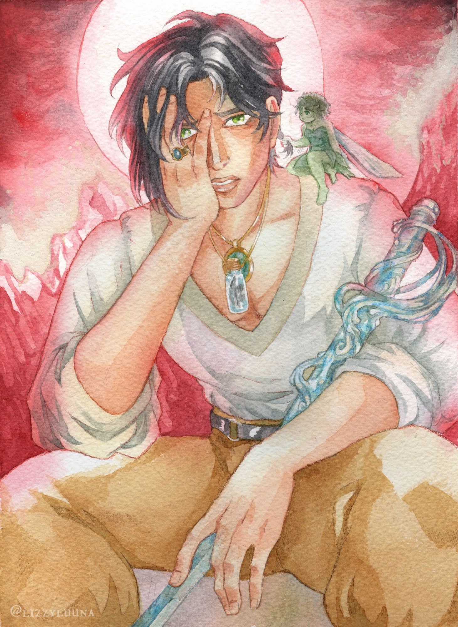 Watercolor portrait of a D&D character sitting with his head resting dejectedly in his hands, while a sprite sits on his shoulder and comfortingly holds a lock of his hair. He is a young human man with pale skin, shaggy dark hair, and bright green eyes.