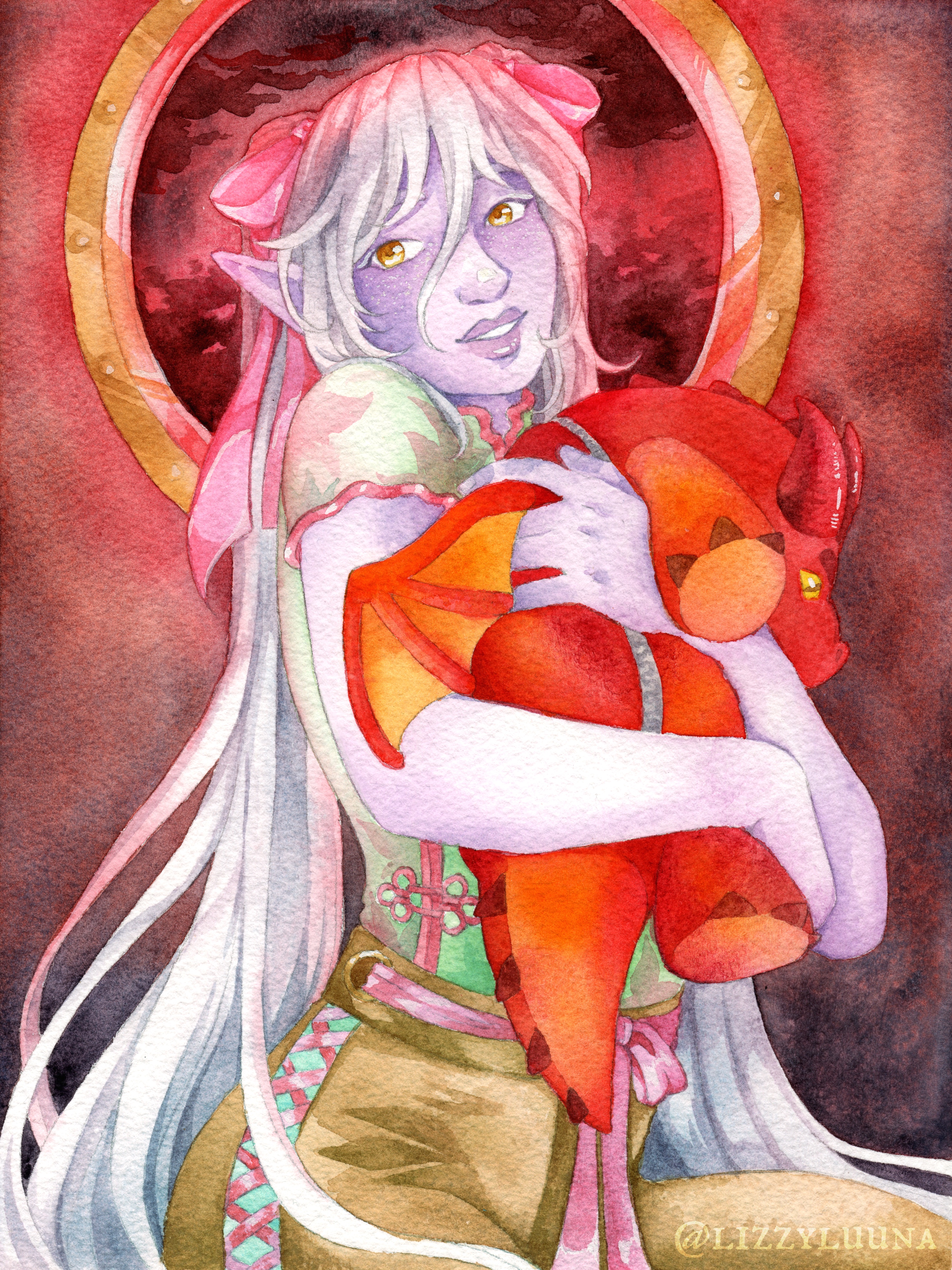 Watercolor painting featuring a young half-drow girl hugging a stuffed dragon plushie/backpack close to her chest, while she smiles sweetly at the viewer. A dark red, moody storm is visible through a porthole in the wall behind her.