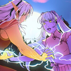 Tsuma and Su'li kneel with their hands intertwined. Tsuma looks to be in pain, while Su'li cries out in alarm, as chaotic prismatic lightning crackles around them.