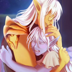 Tsuma, a sun elf man, gently holds his daughter Su'li - a teenage drow girl - as she weeps. They have been reunited after a long time apart.