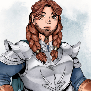 A dwarf woman with auburn hair and beard stands confidently with one hand on her hip and the other leaning on a copper warhammer.