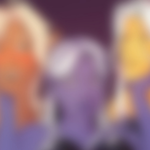 Three elves having a thruple snuggle. Zixa, a drow woman with long grey hair and leather lingerie, raises up her hands to hold the faces of the two men on either side of her. Aeryn, on the left, smiles nervously while blushing furiously. Tsuma, on the right, gazes lovingly down at Zixa.