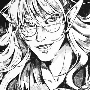 Black-and-white ink drawing of Tsuma, an elven man with long hair, grinning while wielding his sword.