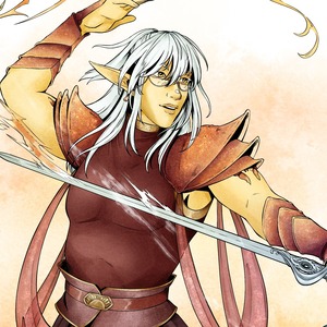 An elven man holds his rapier out in front of him with one hand, while summoning a wave of flame above his head with the other.